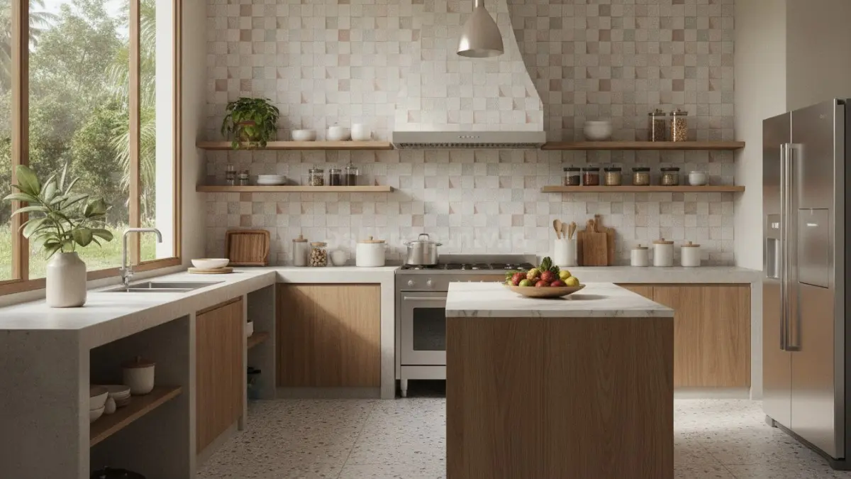 Dapur modern dengan wallpaper motif marmer ringan dan pencahayaan hangat. (BTV/Ai)