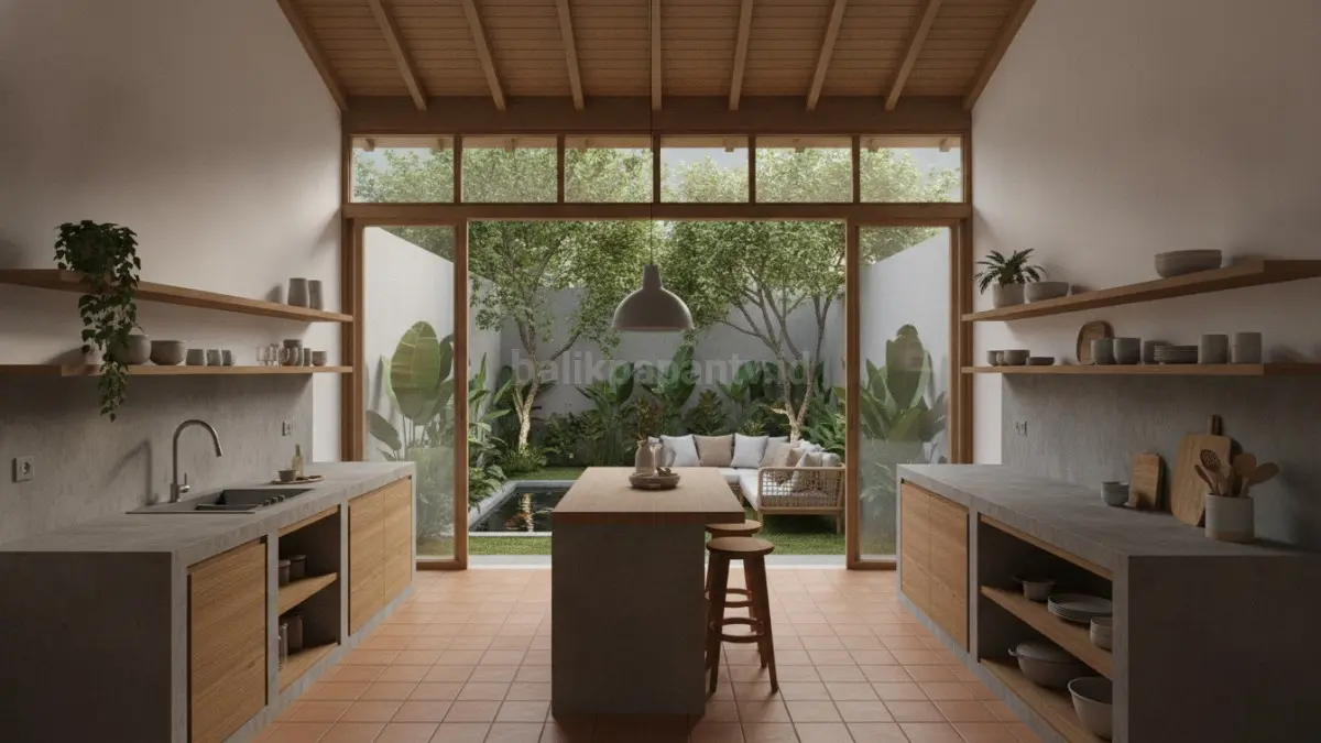 Dapur terbuka yang terhubung ke halaman membantu sirkulasi udara, mengurangi panas, dan menghadirkan cahaya alami yang membuat aktivitas memasak lebih nyaman. (BTV/AI)
