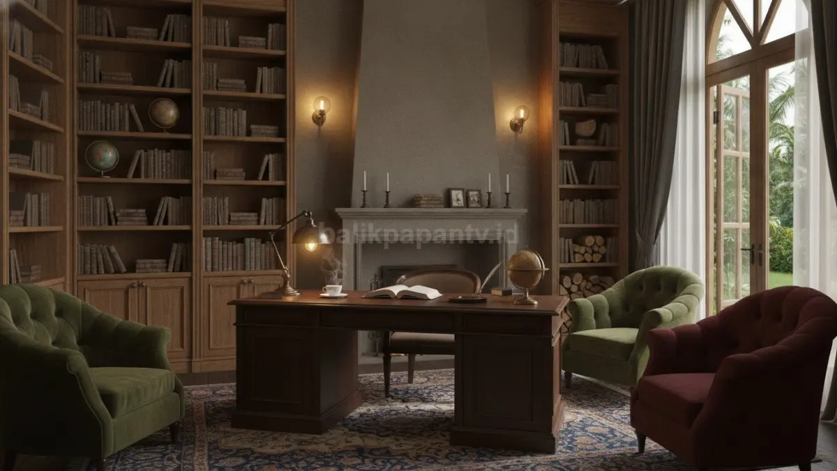 Dark Academia Room dengan rak buku, lampu hangat, dan furnitur kayu menciptakan suasana fokus.  (BTV/AI)
