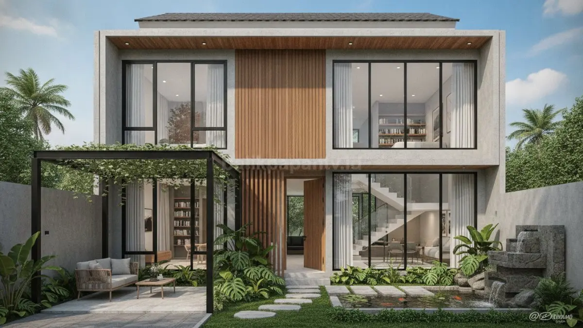 Desain rumah hemat lahan dengan taman kompak dan tata ruang efisien untuk keluarga modern.
