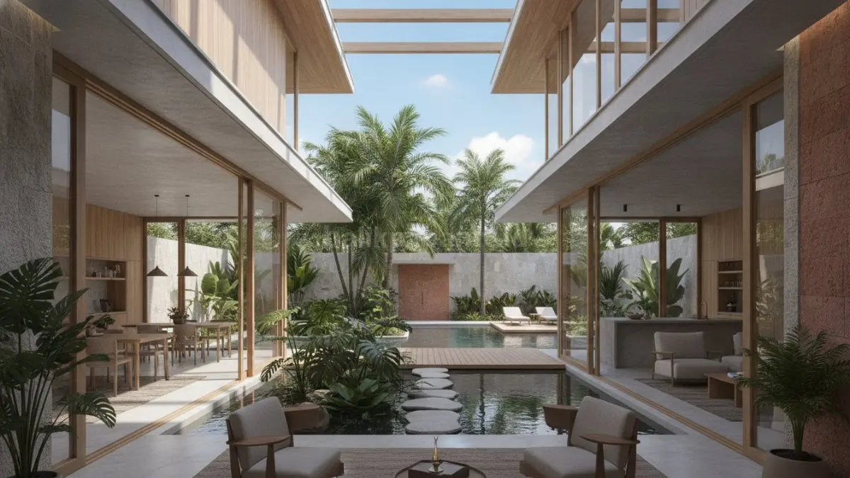Desain rumah tropis open space yang memanfaatkan taman dalam rumah sebagai sumber cahaya alami.
