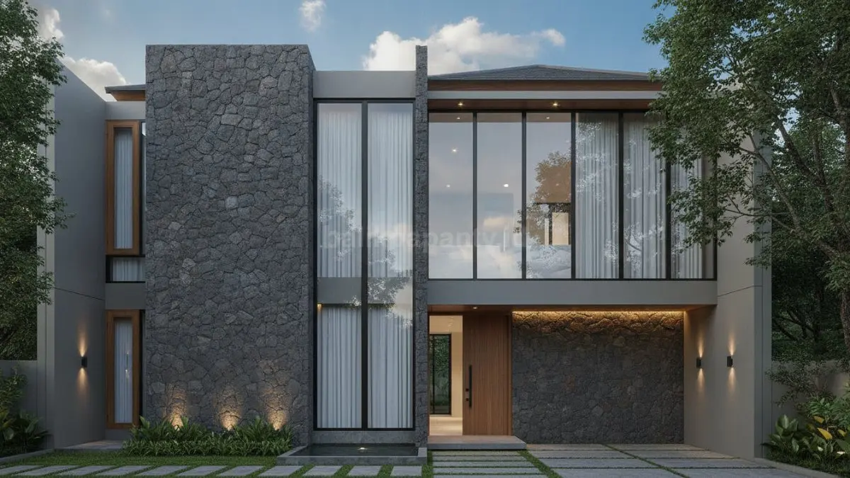 Dinding batu ekspos dipadukan panel kaca vertikal menciptakan tampilan rumah modern yang tegas, natural, dan tetap ringan secara visual. (BTV/Ai)
