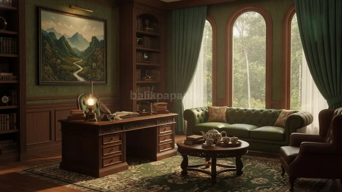 Dominasi forest green dan cokelat tua menciptakan kedalaman visual khas Dark Academia modern elegan.  (BTV/AI)