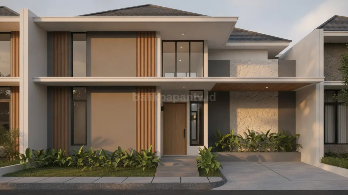 Fasad garis geometris tegas menghadirkan tampilan rumah modern rapi, elegan, dan berkarakter kuat (BTV/Ai)

