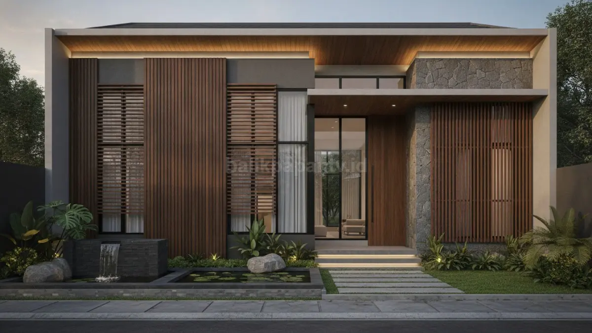 Fasad rumah modern dengan garis geometris dan material alami menciptakan tampilan berkarakter (BTV/Ai)