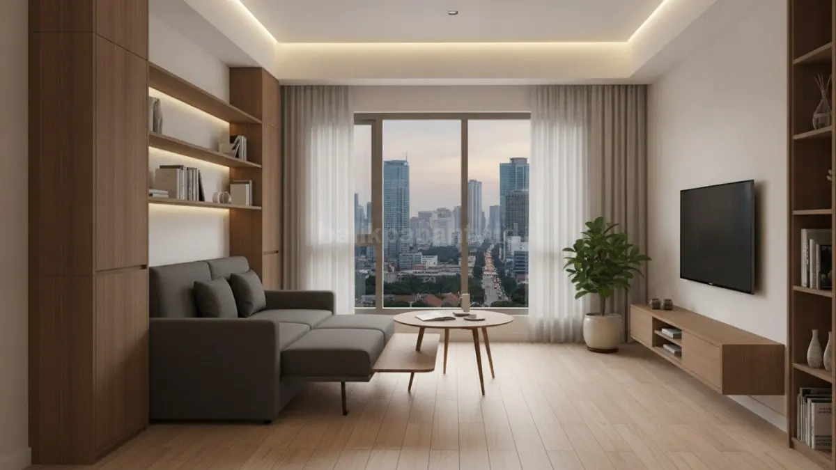 Foldable living system memungkinkan ruang berubah fungsi cepat dengan furnitur lipat yang praktis dan efisien.  (BTV/AI)