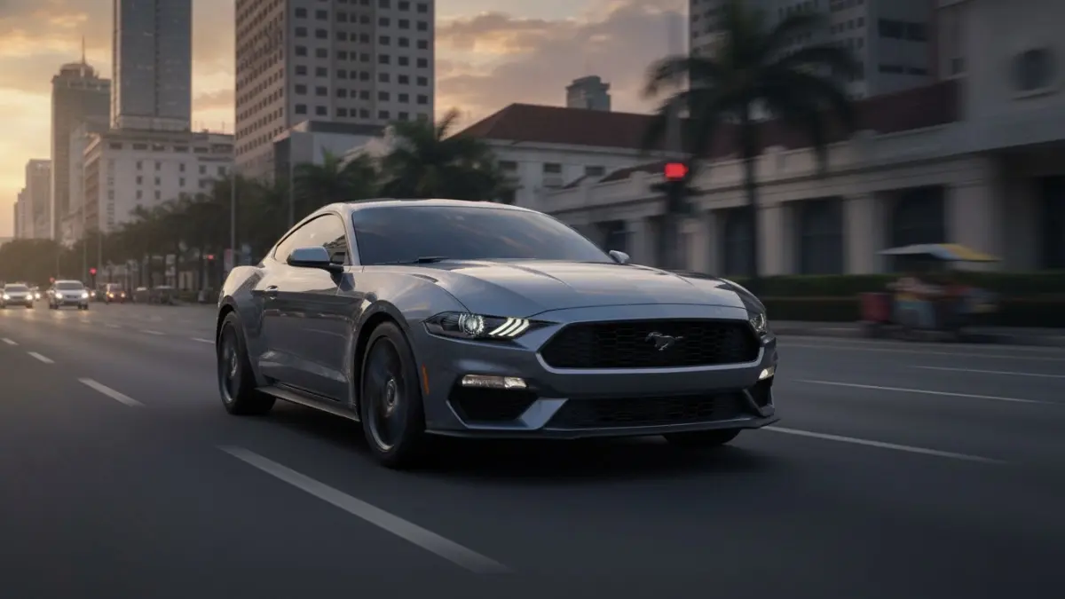 Ford Mustang EcoBoost 2026 melaju di jalan perkotaan dengan desain muscle car modern dan agresif. (BTV/AI)