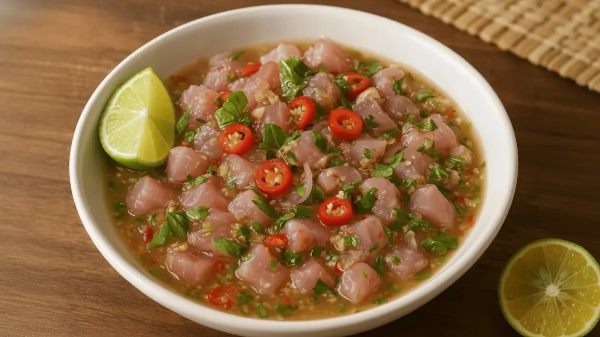 Gohu ikan cakalang khas Ternate dengan irisan bawang merah, cabai, dan kemangi yang segar menggugah selera. (BTV/AI)