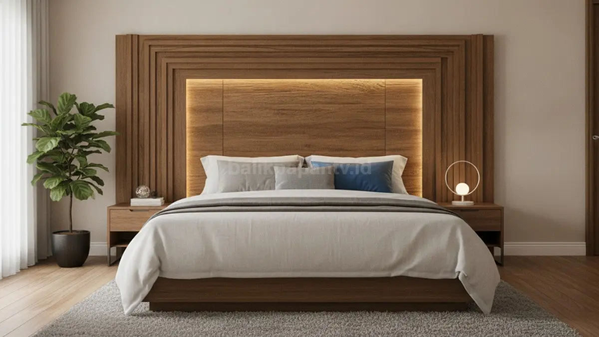Headboard kayu modern menjadi titik fokus utama pada kamar tidur minimalis (BTV/Ai)