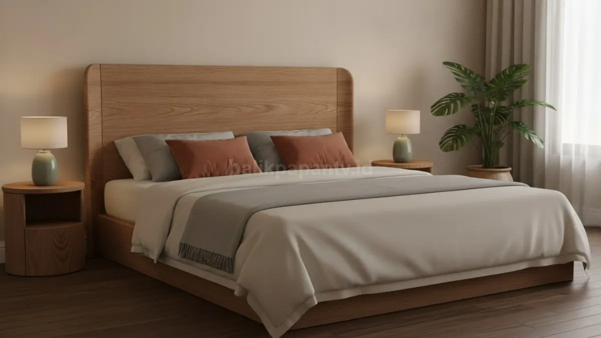 Headboard lengkung minimalis menghadirkan suasana kamar modern yang hangat, nyaman, dan menenangkan visual (BTV/Ai)

