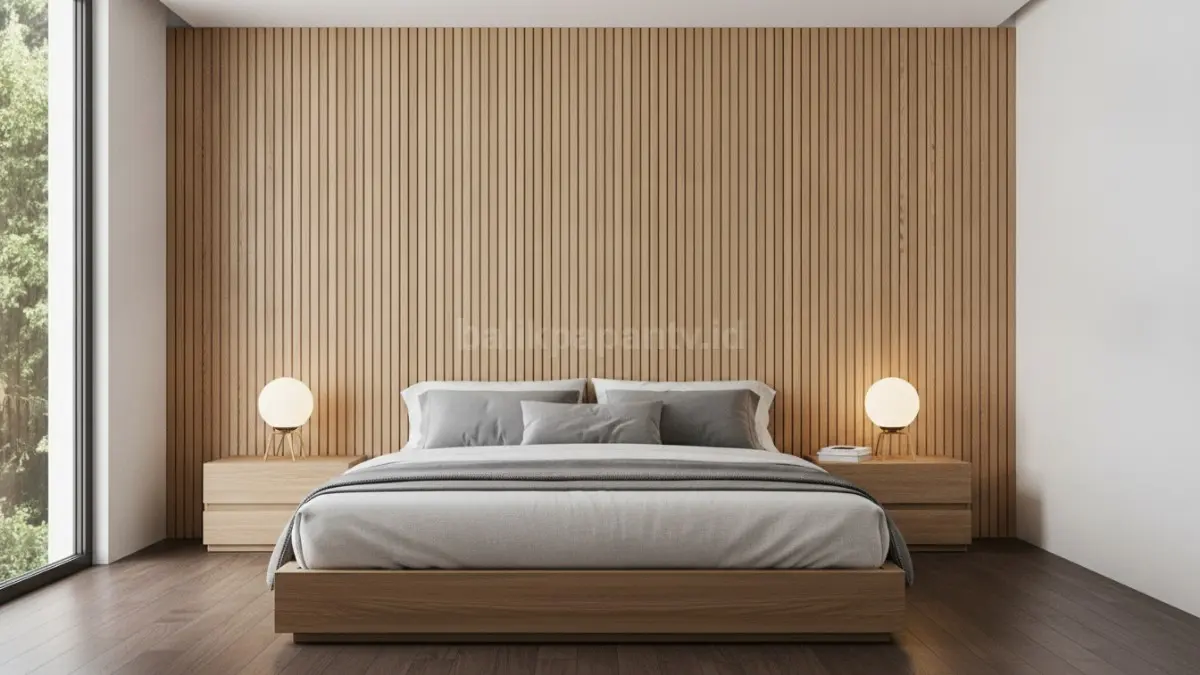 Headboard panel kayu vertikal menghadirkan kesan hangat, rapi, dan kamar tampak lebih tinggi (BTV/Ai)
