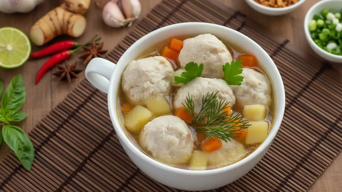 Hidangan tradisional dengan kuah kaldu ayam segar dan bakso ayam