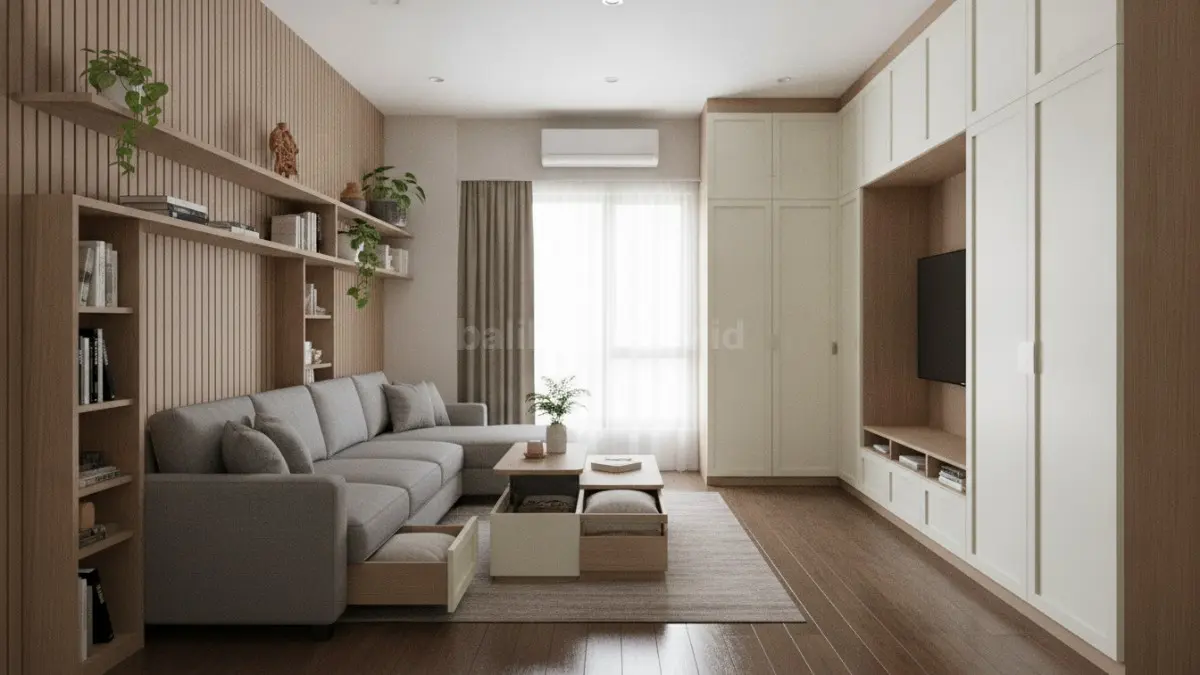 Hidden storage concept menyembunyikan penyimpanan agar ruang tetap bersih, rapi, dan bebas dari kesan berantakan. (BTV/AI)