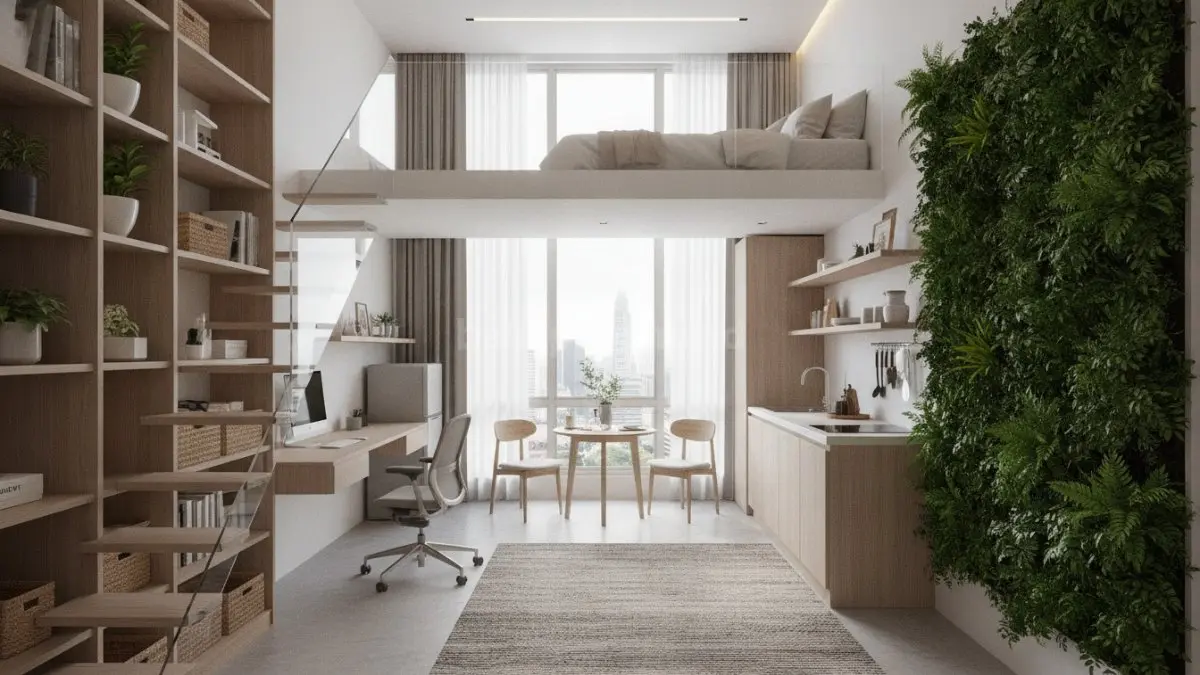 Interior rumah kecil yang memanfaatkan area vertikal untuk penyimpanan dan aktivitas harian.
