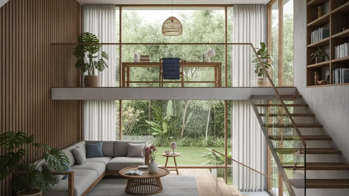 Interior rumah mezzanine modern memaksimalkan pencahayaan alami dengan ruang kerja fungsional di level atas nyaman. (BTV/AI)
