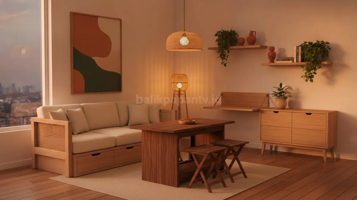 Interior small apartment decor modern dengan pencahayaan hangat dan furnitur multifungsi  (BTV/AI)
 