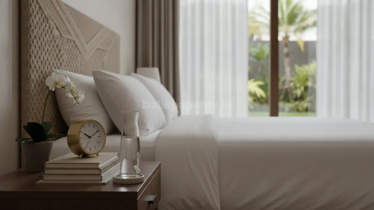 Jam meja minimalis menjaga fungsi praktis sekaligus melengkapi tampilan bedside table modern elegan.  (BTV/AI)