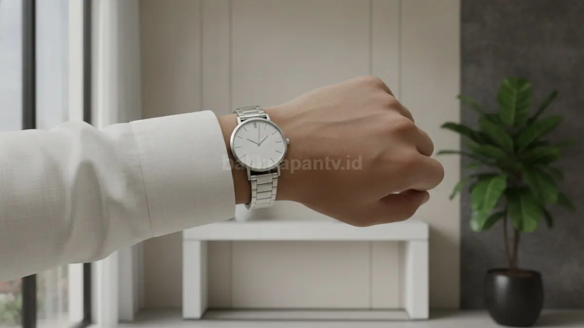 Jam tangan silver melengkapi penampilan modern dengan gaya bersih dan elegan.