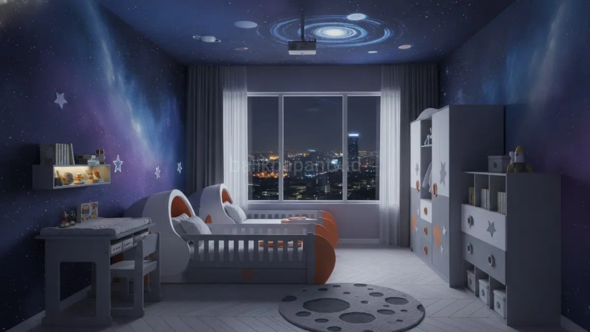 Kamar bayi bertema luar angkasa dapat dirancang adaptif, fungsional, dan tetap relevan hingga usia sekolah. (BTV/AI) 