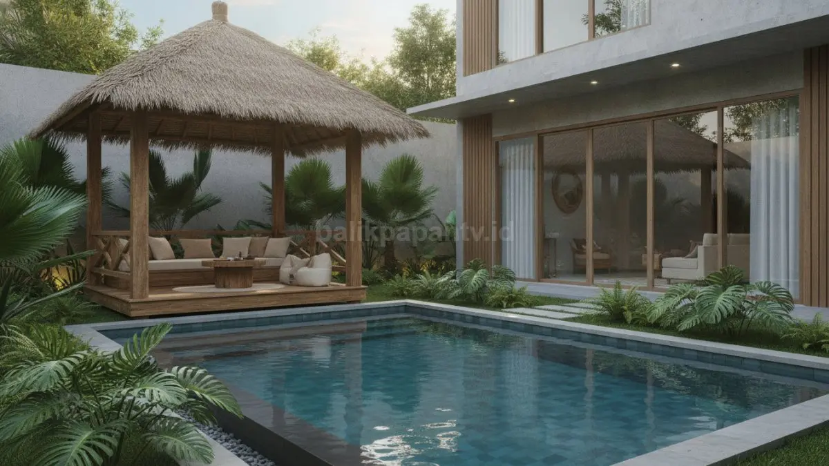 Kolam dengan taman tropis dan gazebo kayu alami menghadirkan suasana hangat, natural, dan seperti resort pribadi di rumah. (BTV/Ai)
