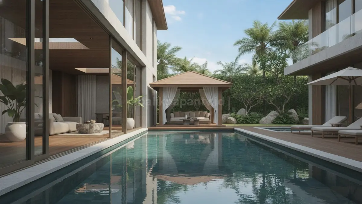 Kolam indoor-outdoor dengan gazebo semi terbuka menghadirkan transisi ruang yang halus, natural, dan selaras dengan konsep rumah tropis modern. (BTV/Ai)
