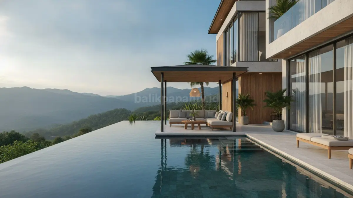 Kolam infinity dengan gazebo view landscape menciptakan ilusi menyatu dengan horizon, menghadirkan suasana mewah dan pemandangan terbuka. (BTV/Ai)

