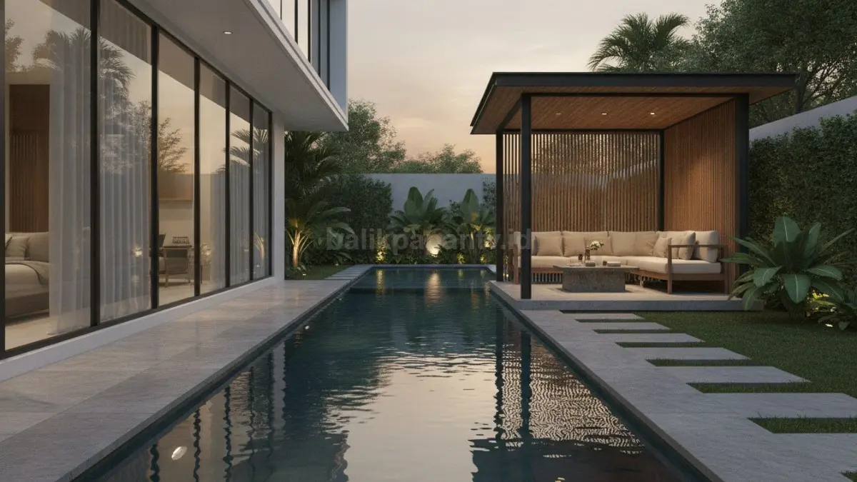 Kolam memanjang dengan gazebo minimalis menciptakan tampilan elegan dan efisien, cocok untuk lahan sempit namun tetap estetik. (BTV/Ai)
