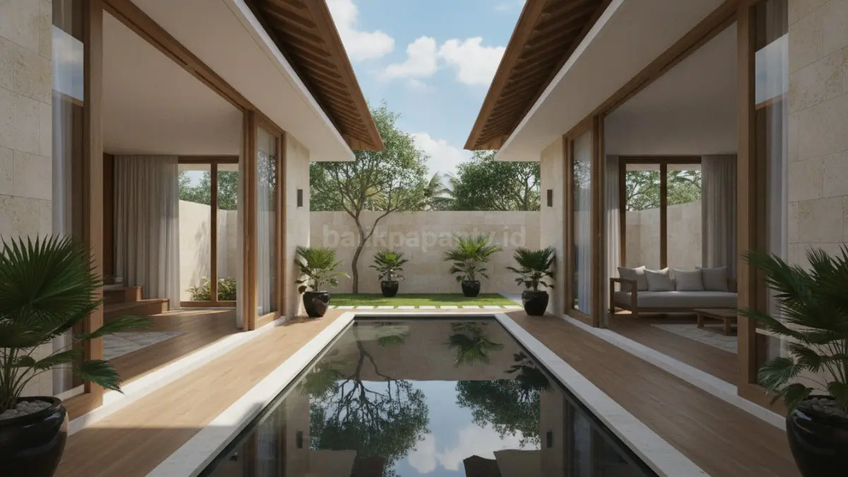 Kolam reflektif atau elemen air kecil memberi efek tenang dan seimbang, melengkapi material alami dalam desain villa Bali modern. (BTV/Ai)
