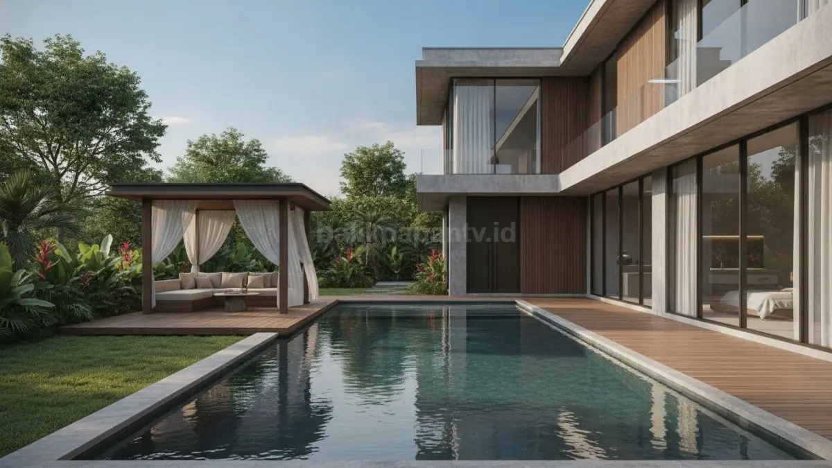 Kolam renang sentral dengan gazebo di tepi taman menjadi pusat visual rumah yang terbuka, santai, dan menyatu dengan alam sekitar. (BTV/Ai)
