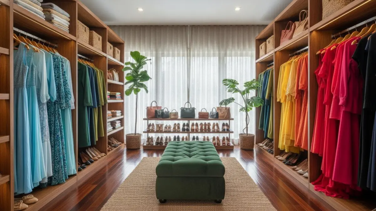 Koleksi fashion tertata berdasarkan warna dan kategori, memudahkan perawatan serta pencarian pakaian.  (BTV/AI)