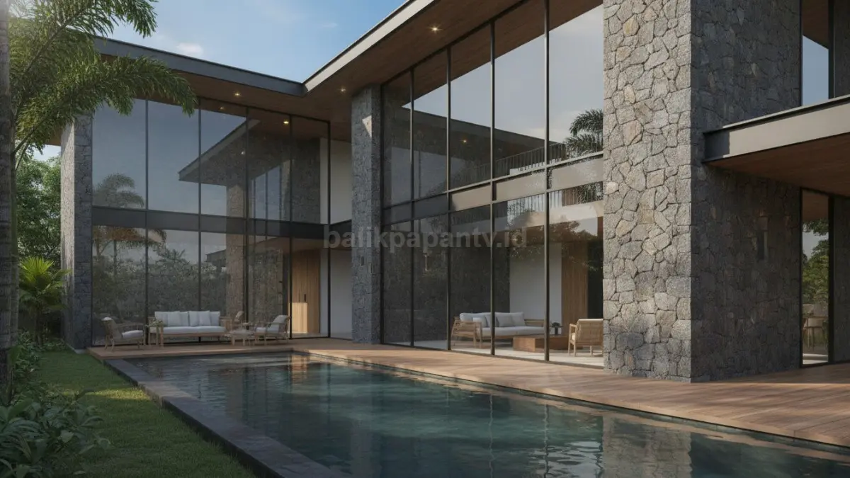 Kombinasi batu alam kasar dan kaca transparan menghadirkan kontras kuat antara alami dan modern dalam desain rumah kontemporer minimalis. (BTV/Ai)
