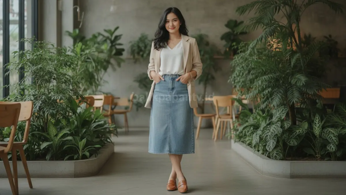 Kombinasi rok jeans dan blazer menghadirkan gaya semi-formal yang tetap nyaman digunakan.