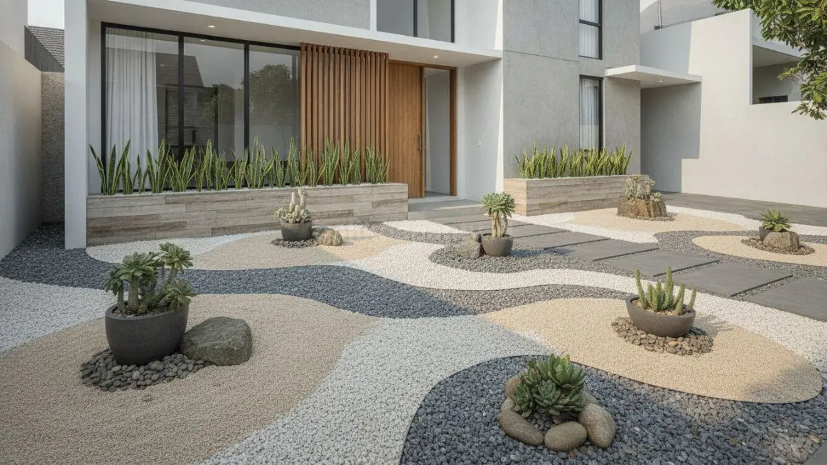 Konsep taman batu dan kering (dry garden) menonjolkan elemen koral, pasir, dan sukulen dengan tampilan modern yang hemat air dan ramah lingkungan (BTV/Ai)
