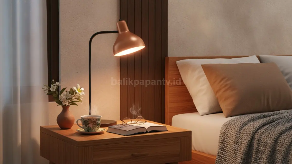 Lampu baca bercahaya hangat menghadirkan kenyamanan, mempercantik bedside table, sekaligus mendukung rutinitas membaca.  (BTV/AI)
