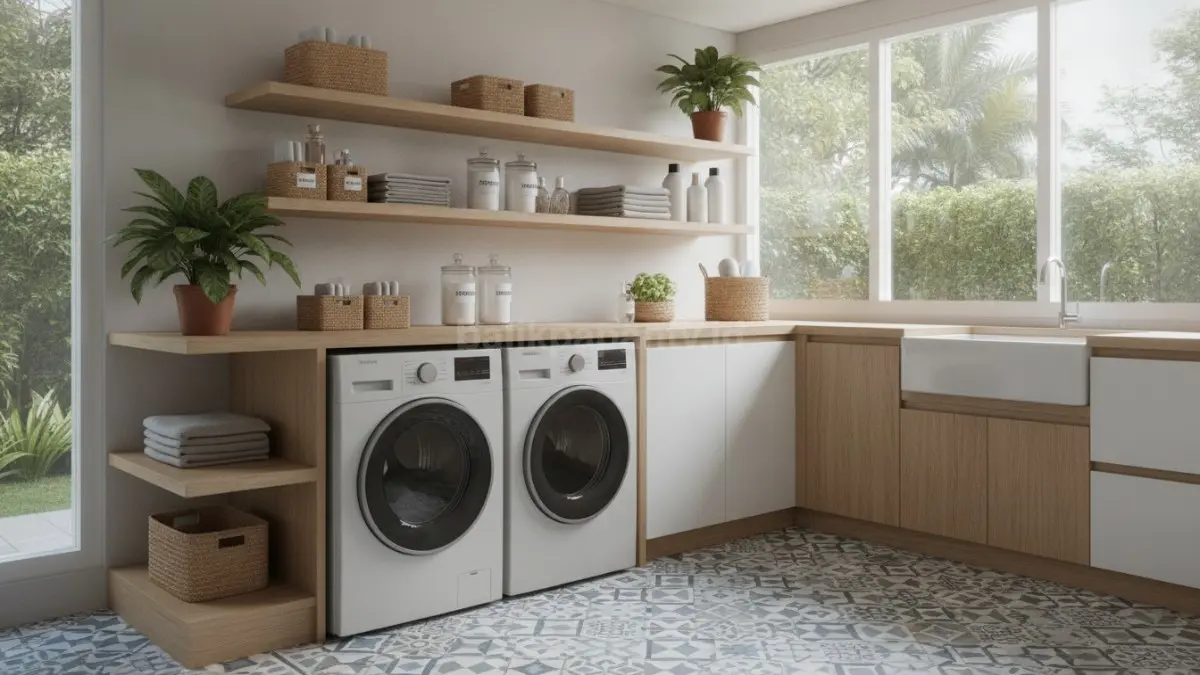 Laundry room makeover modern dengan rak penyimpanan rapi untuk mendukung aktivitas mencuci harian.  (BTV/AI)