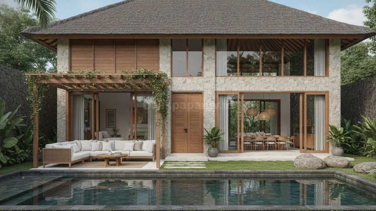 Material alami seperti batu alam dan kayu memberi karakter hangat dan kuat pada villa Bali modern yang estetis dan tahan lama. (BTV/Ai)
