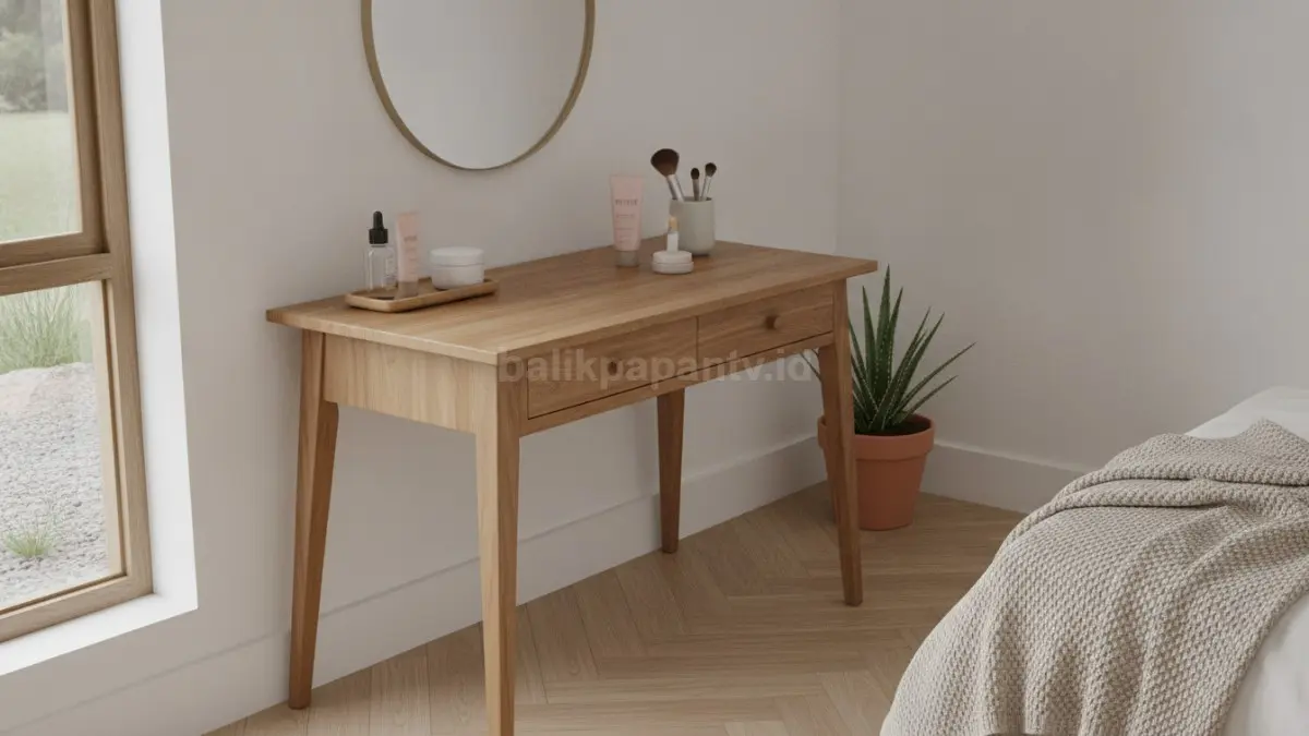 Meja rias sederhana dengan produk makeup ringan yang mendukung rutinitas self-care.
