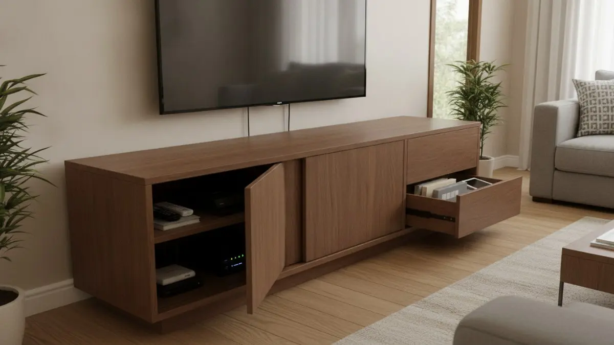 Meja TV dengan penyimpanan tersembunyi menjaga ruang keluarga tetap rapi, fungsional, dan terlihat lebih elegan setiap hari. (BTV/AI)
