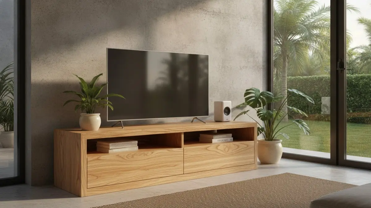Meja TV kayu natural modern menghadirkan kehangatan, tekstur alami, tampilan elegan, dan suasana rumah lebih nyaman. (BTV/AI)
