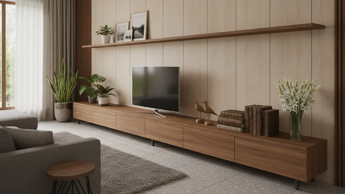 Meja TV memanjang menciptakan tampilan proporsional, elegan, sekaligus memperkuat fokus visual pada ruang keluarga luas modern. (BTV/AI)
