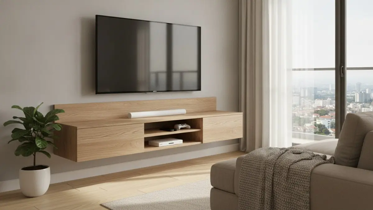 Meja TV mengambang menghadirkan tampilan minimalis, hemat ruang, rapi, serta memudahkan pembersihan area bawah furnitur rumah. (BTV/AI)
