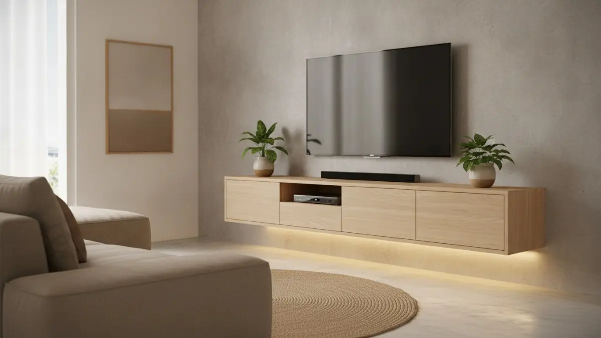 Meja TV modern mengambang dengan penyimpanan tersembunyi untuk ruang keluarga minimalis yang rapi. (BTV/AI)