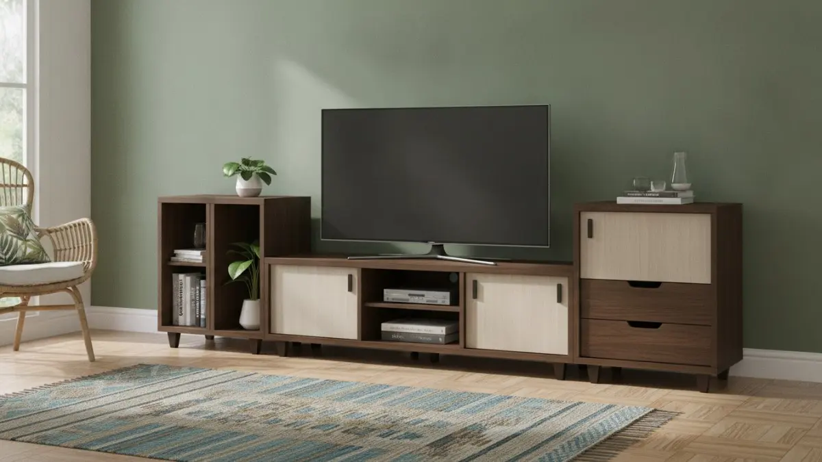 Meja TV modular fleksibel memudahkan penataan ulang, menyesuaikan kebutuhan ruang, dan mendukung interior berkembang dinamis setiap saat. (BTV/AI)
