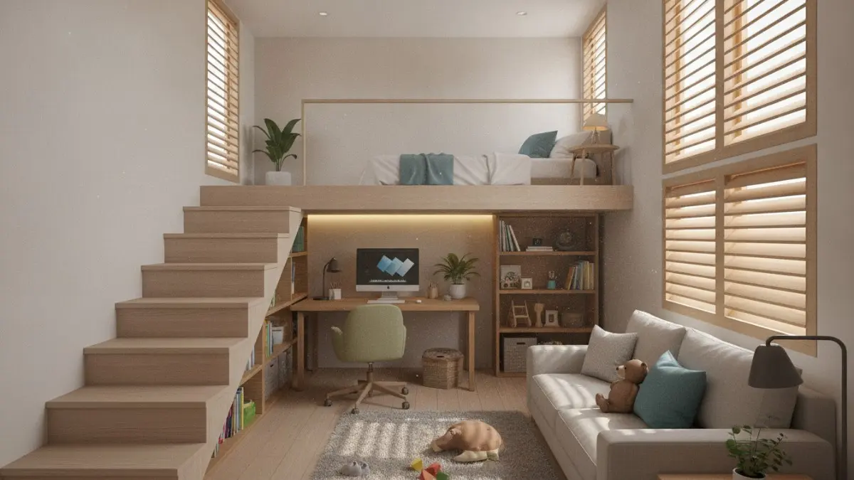 Mezzanine kamar tidur anak aman, tangga landai pijakan lebar, ventilasi silang menjaga suhu nyaman tidur. (BTV/AI)

