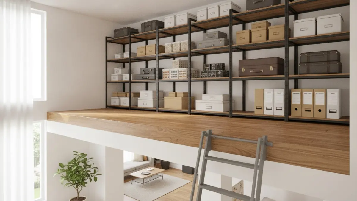 Mezzanine penyimpanan aktif dengan rak terbuka, tangga lipat logam ringkas, efektif rumah 36–45 meter persegi. (BTV/AI)
