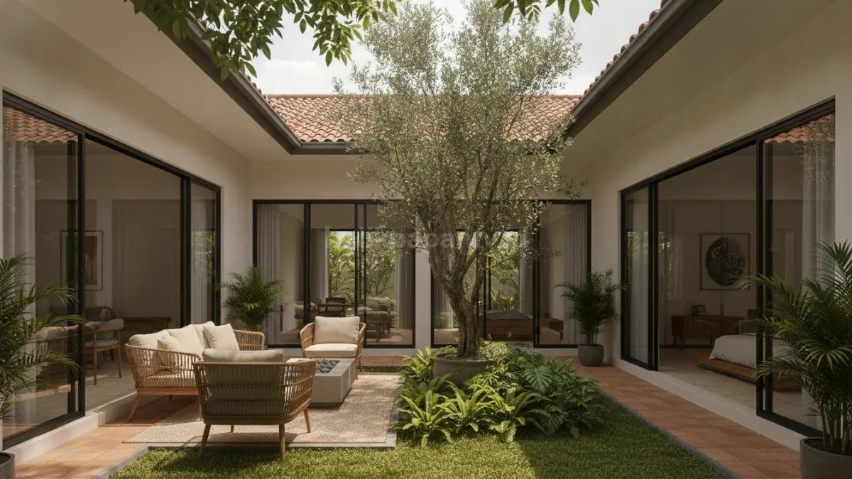 Model courtyard terbuka di tengah rumah menghadirkan sirkulasi cahaya dan udara alami, sekaligus menjaga privasi di hunian urban tropis. (BTV/Ai)
