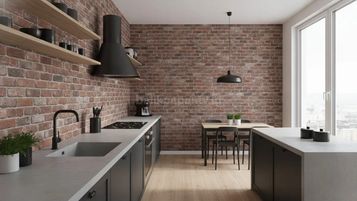 Motif bata ekspos menghadirkan kesan industrial kuat dan estetik tanpa perlu dinding asli, cocok untuk dapur terbuka modern (BTV/Ai)
