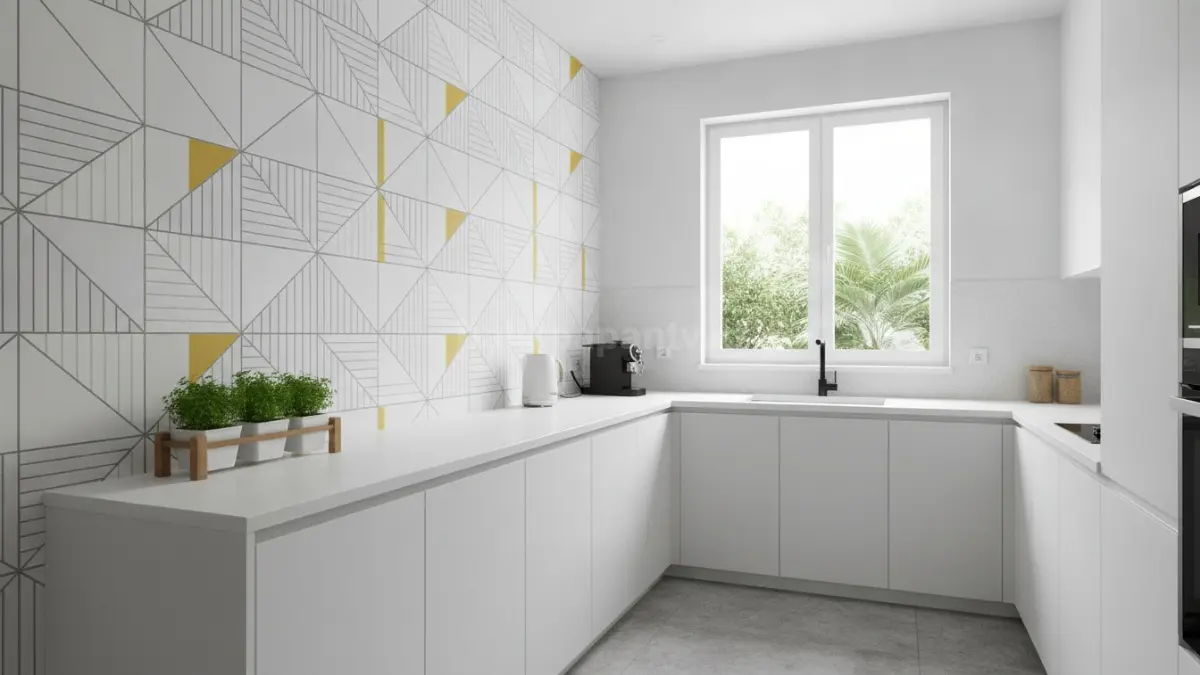 Motif geometris modern dengan pola garis sederhana menciptakan kesan rapi, teratur, dan cocok untuk dapur kecil bergaya modern (BTV/Ai)
