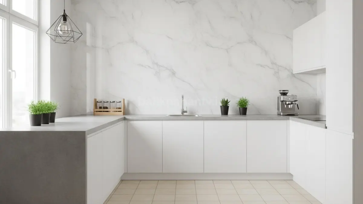 Motif marmer ringan memberi kesan modern bersih pada dapur kecil minimalis perkotaan terang ruang (BTV/Ai)
