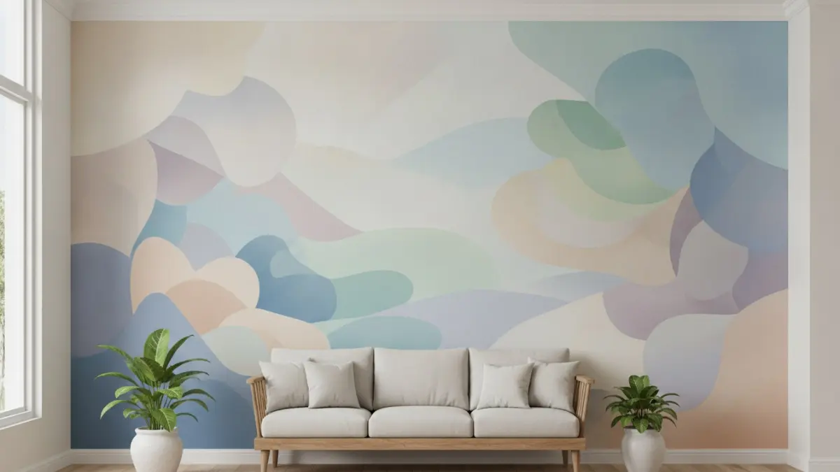 Mural abstrak lembut bernuansa organik menghadirkan suasana tenang, elegan, dan nyaman dipandang dalam berbagai gaya interior modern. (BTV/AI)
